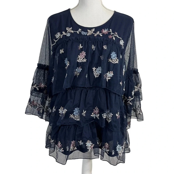 Style & Co Layered Ruffled Flower Embroidered Blouse Large Sheer Mesh Overlay - Picture 1 of 12